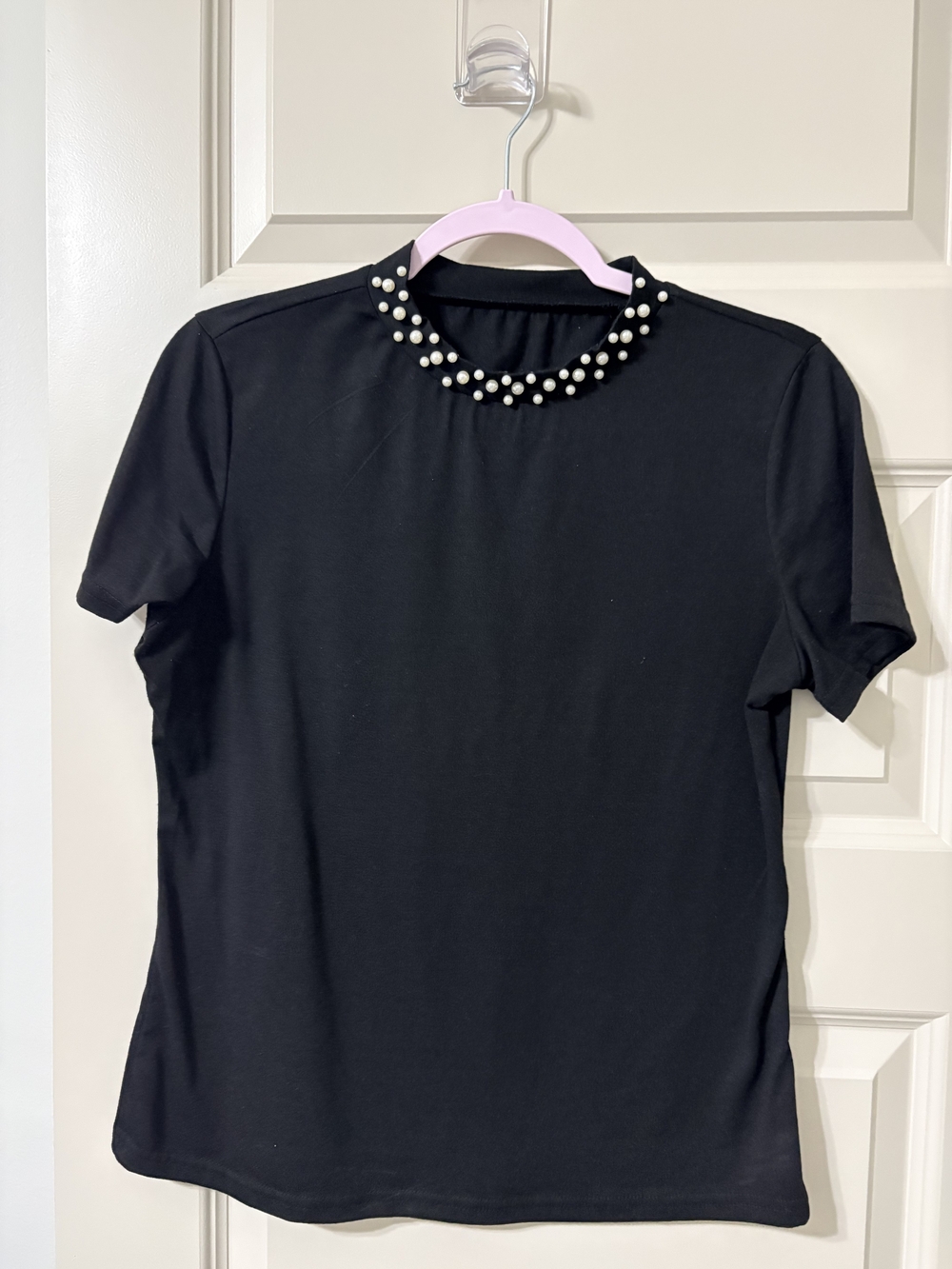Black Pearl-Embellished Crewneck Women's Top